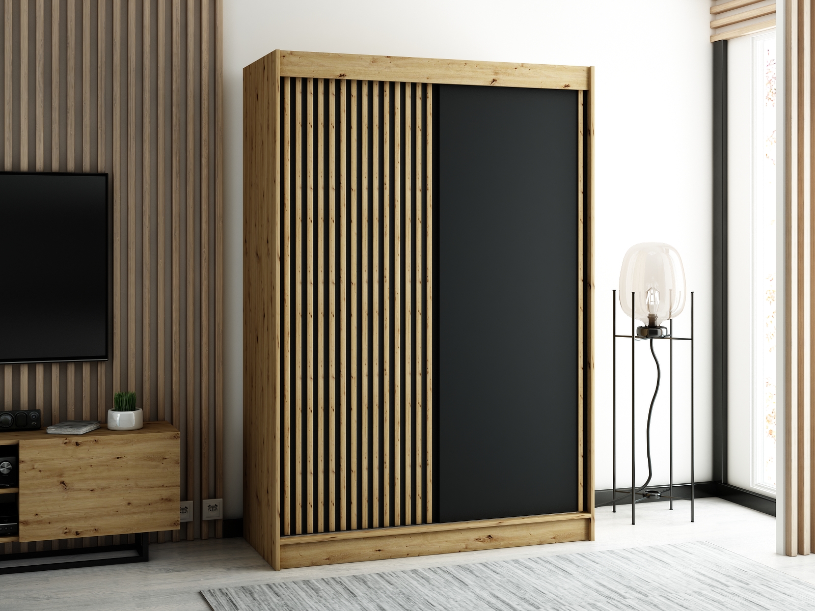 LAMELO_1_150 - przesuwna, dwudrzwiowa szafa garderobiana z ozdobnymi lamelami (200x150x62cm)