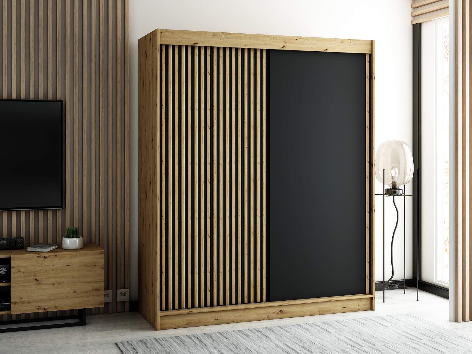 LAMELO_1_180 - przesuwna, dwudrzwiowa szafa garderobiana z ozdobnymi lamelami (200x180x62cm)