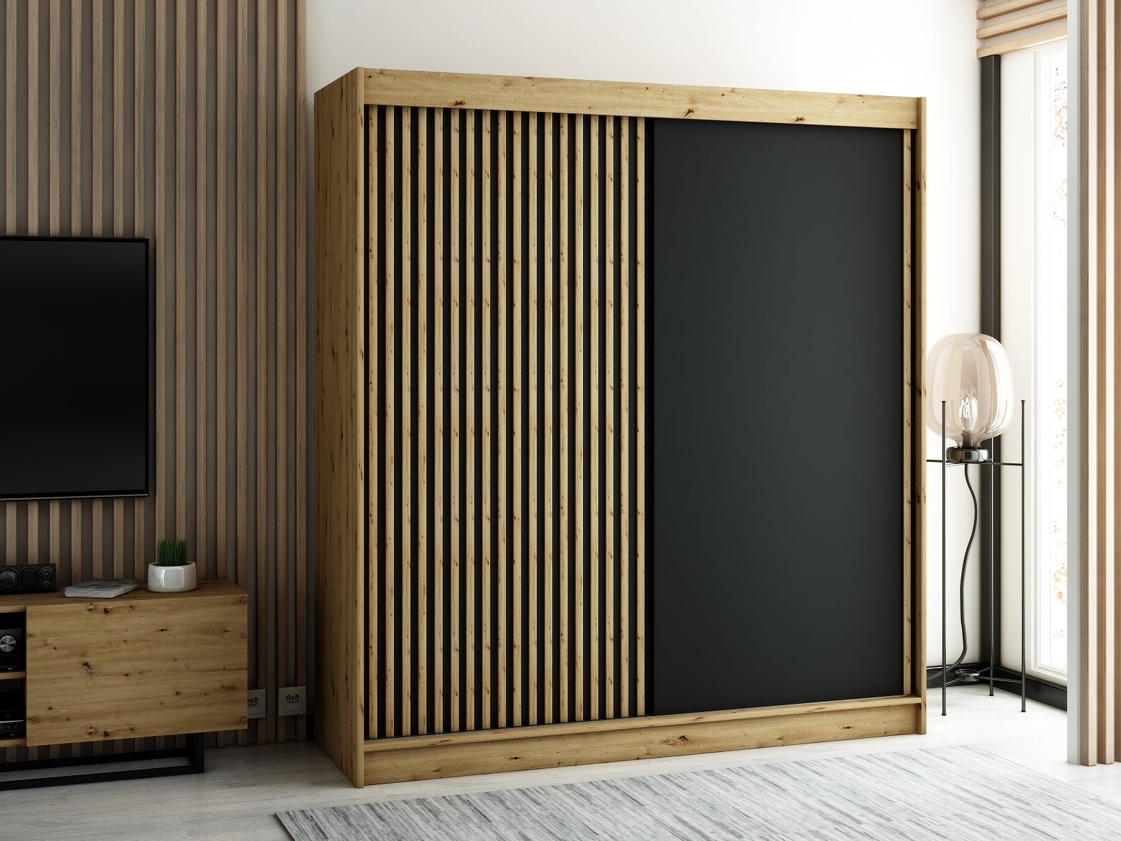 LAMELO_1_200 - przesuwna, dwudrzwiowa szafa garderobiana z ozdobnymi lamelami (200x200x62cm)