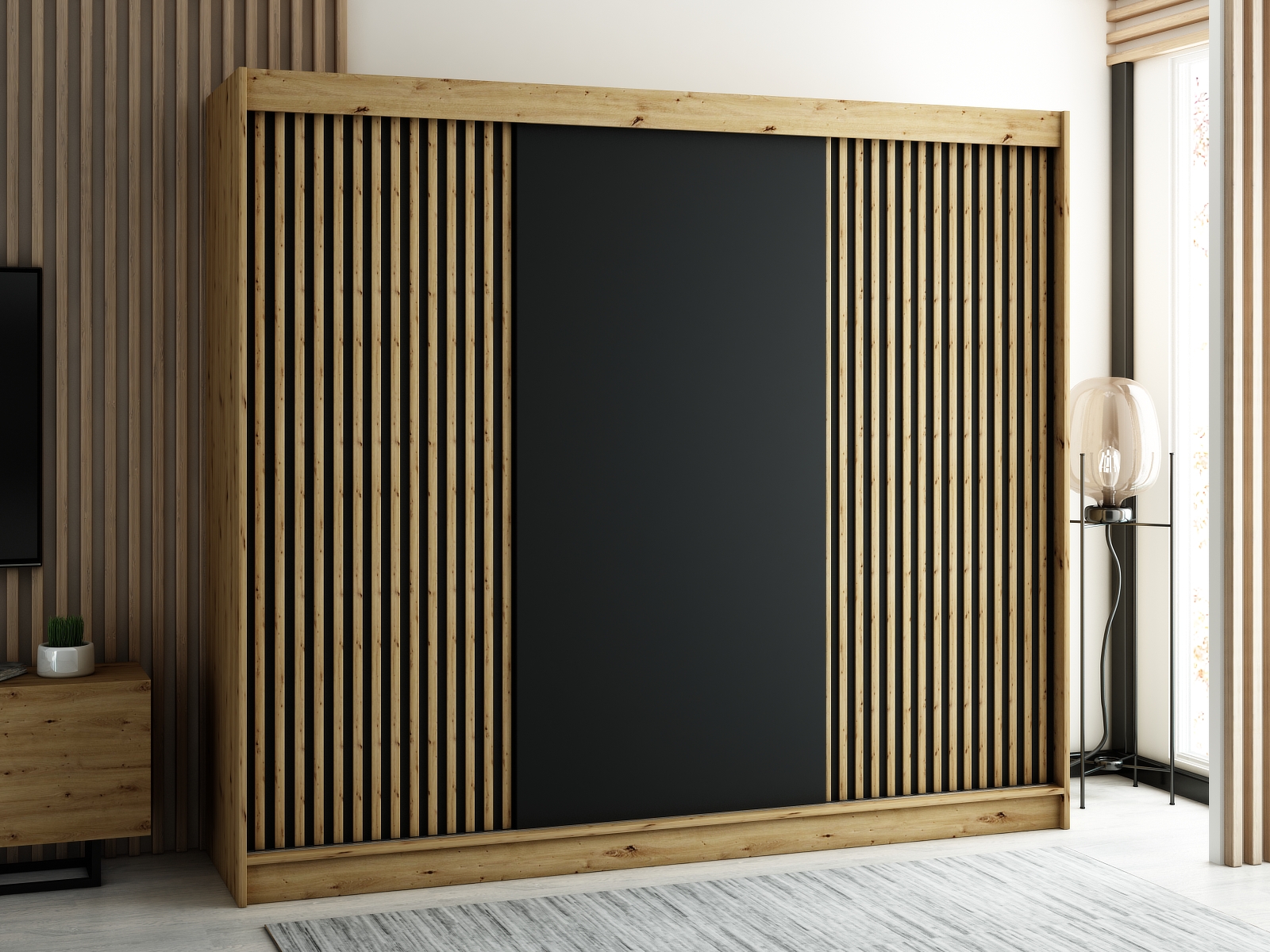 LAMELO_1_250 - przesuwna, trzydrzwiowa szafa garderobiana z ozdobnymi lamelami (200x250x62cm)