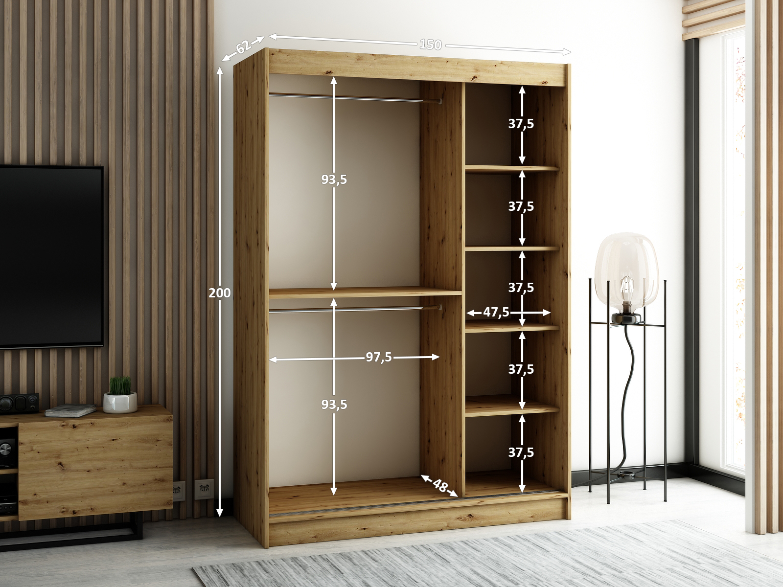 LAMELO_1_150 - przesuwna, dwudrzwiowa szafa garderobiana z ozdobnymi lamelami (200x150x62cm)