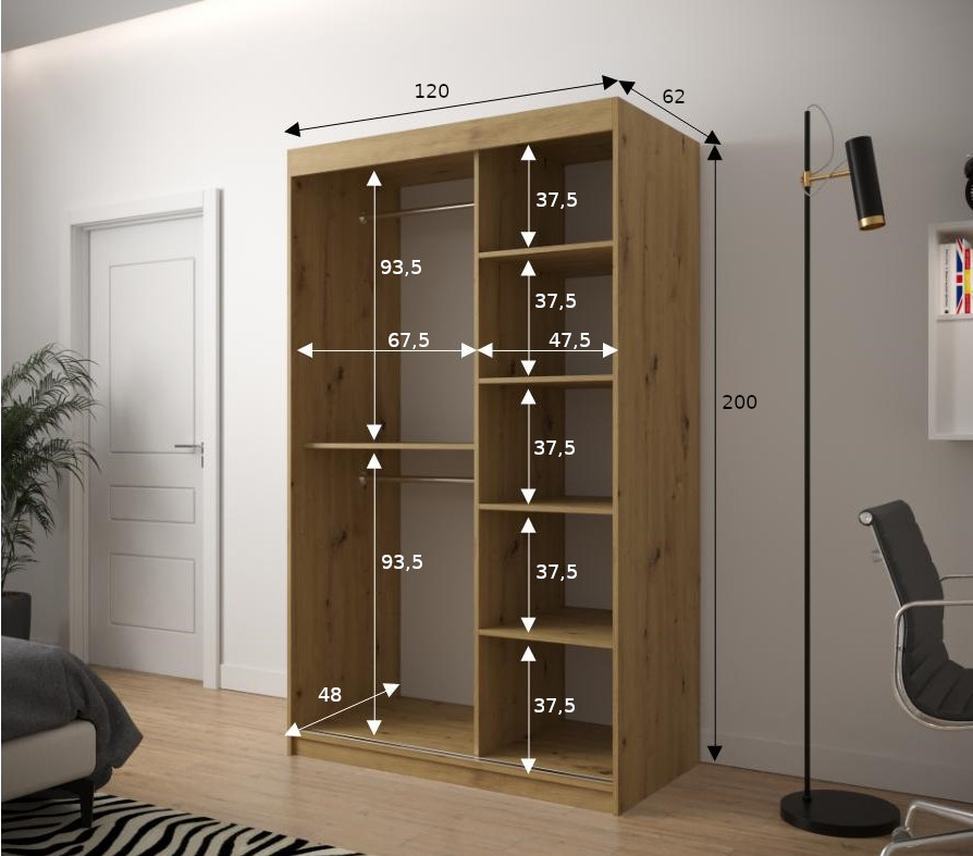 JODEŁKA_120 - przesuwna, dwudrzwiowa szafa garderobiana ze wzorem jodełki (200x120x62cm)