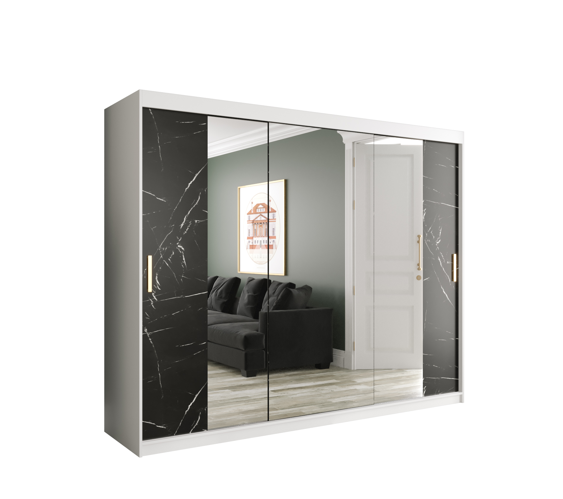 MARMUR_T2_250 - przesuwna, trzydrzwiowa szafa garderobiana z lustrem (200x250x62cm)