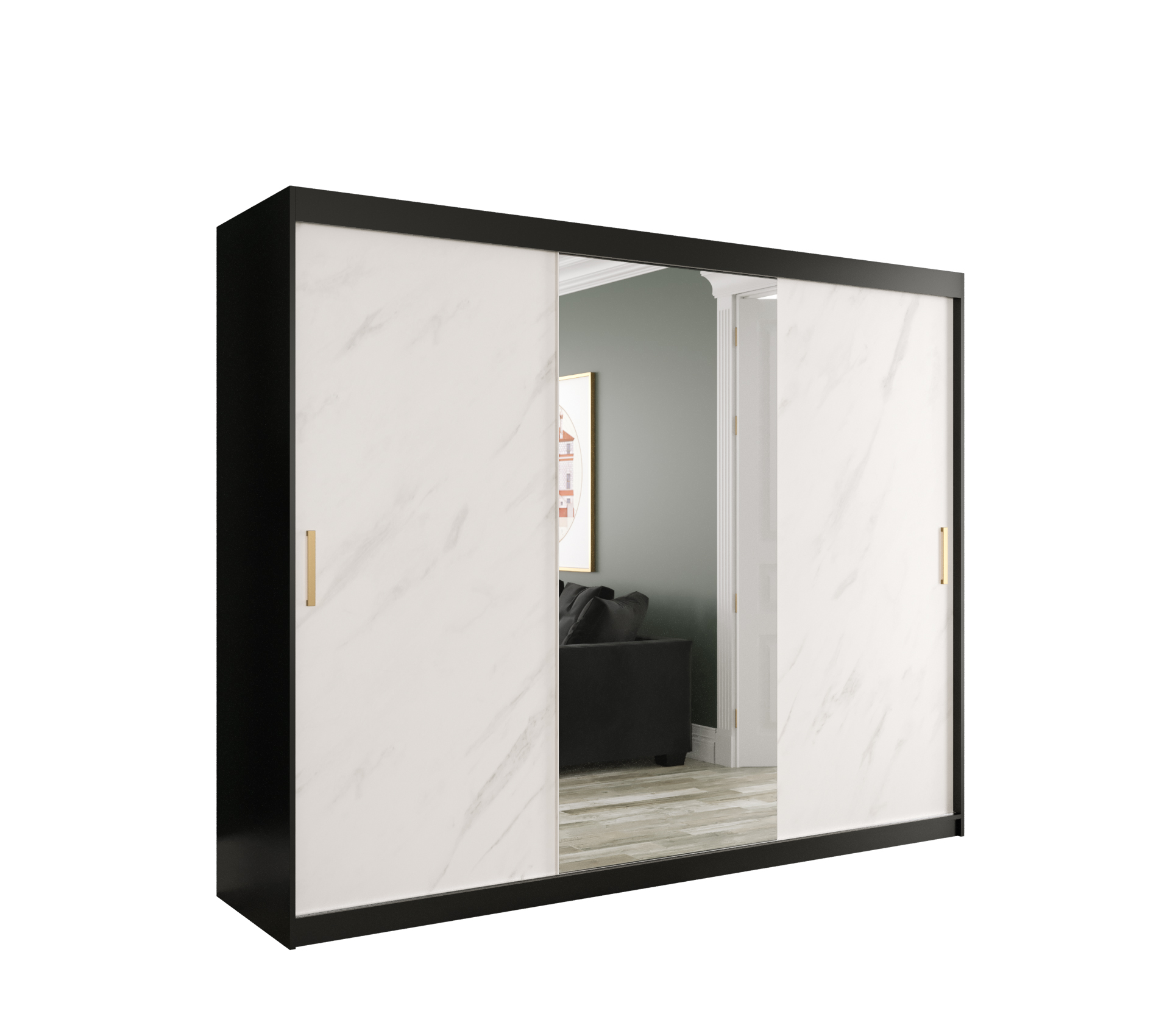 MARMUR_T1_250 - przesuwna, trzydrzwiowa szafa garderobiana z lustrem (200x250x62cm)