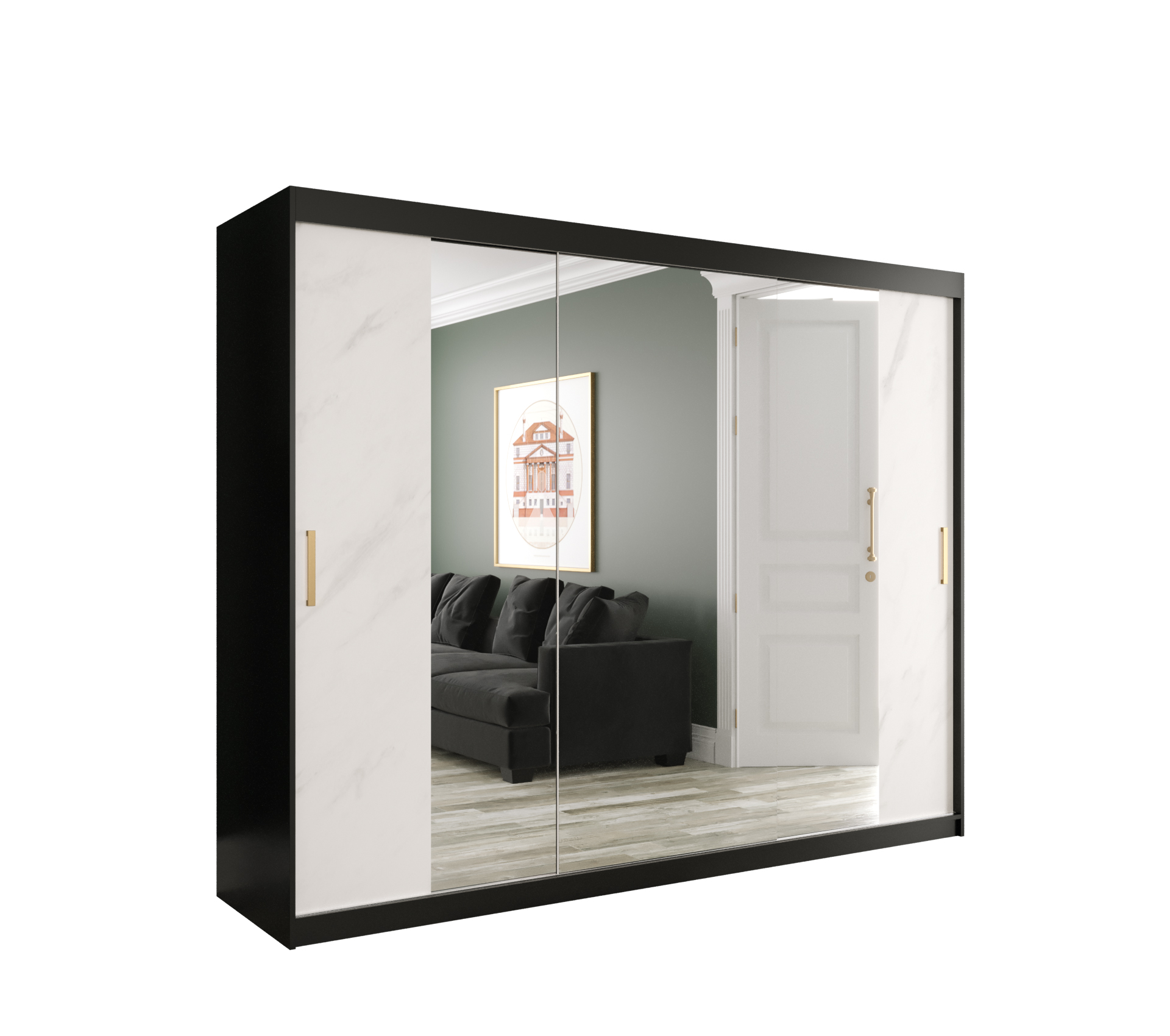 MARMUR_T2_250 - przesuwna, trzydrzwiowa szafa garderobiana z lustrem (200x250x62cm)