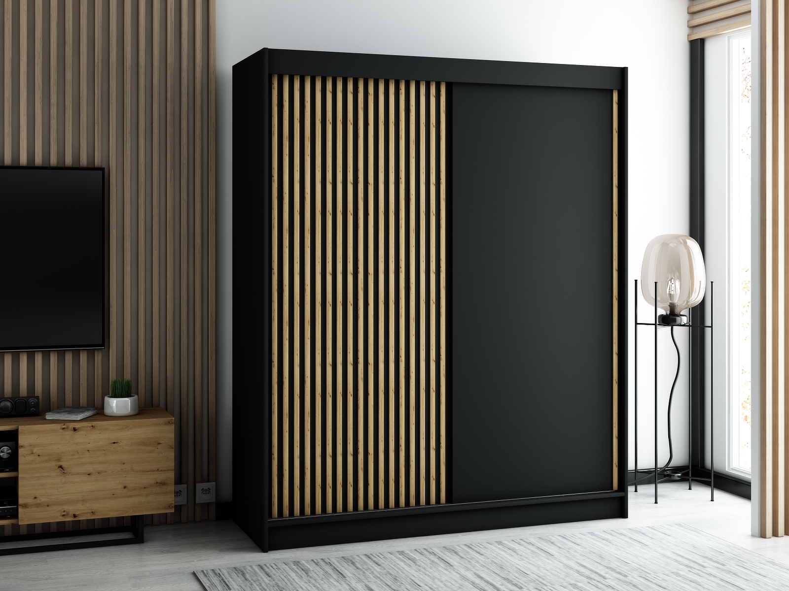 LAMELO_1_180 - przesuwna, dwudrzwiowa szafa garderobiana z ozdobnymi lamelami (200x180x62cm)