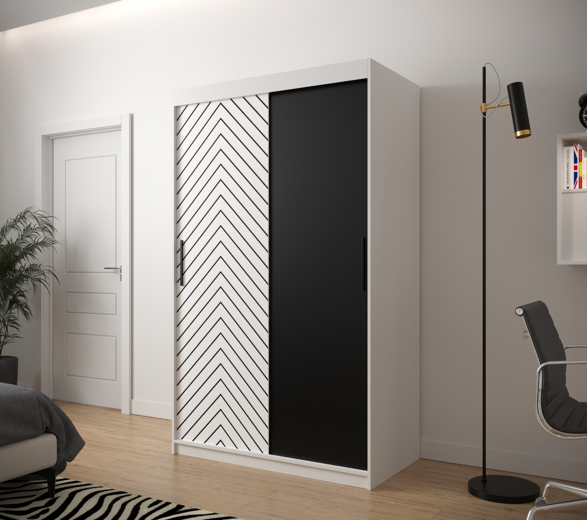 JODEŁKA_120 - przesuwna, dwudrzwiowa szafa garderobiana ze wzorem jodełki (200x120x62cm)