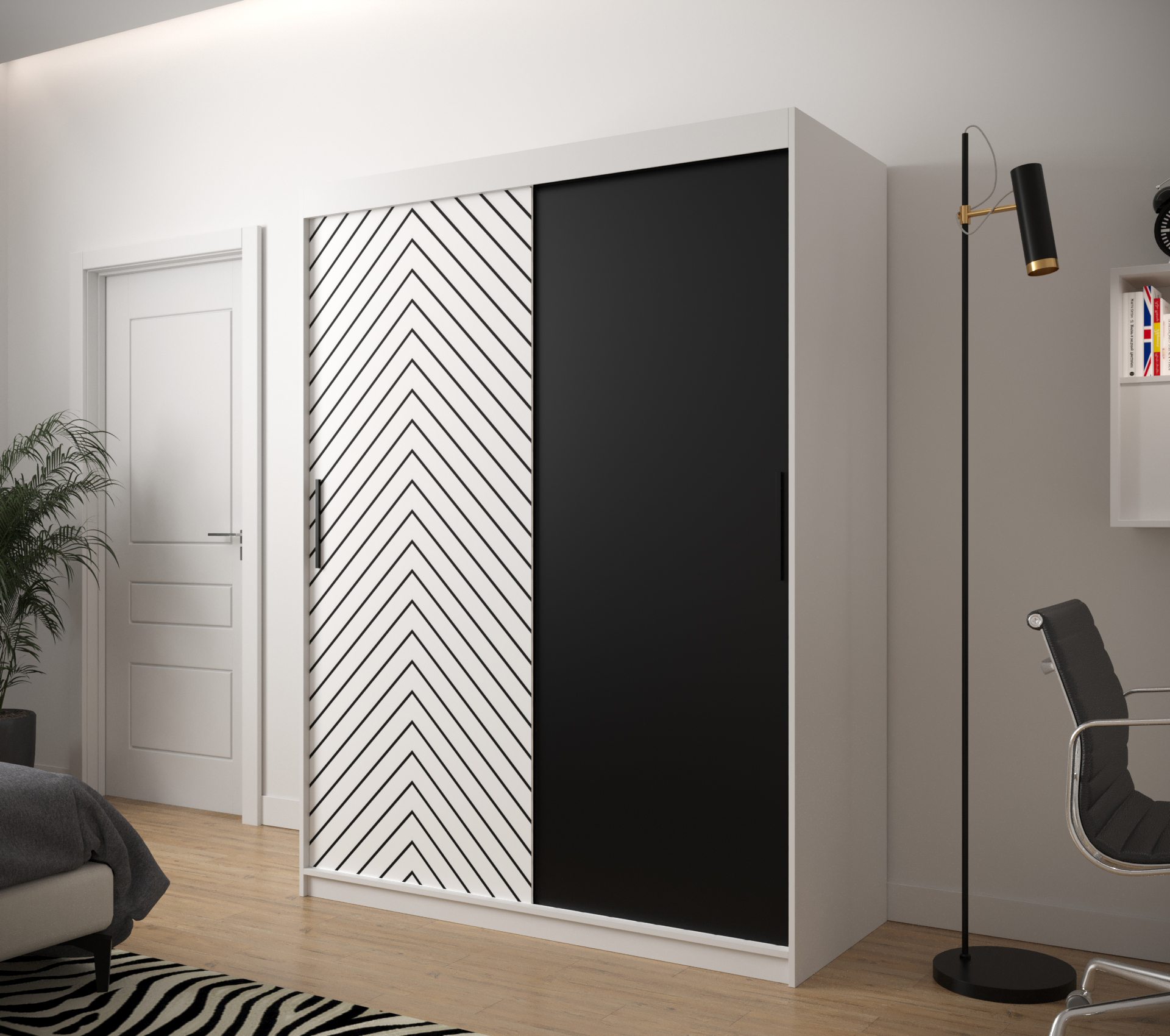 JODEŁKA_150 - przesuwna, dwudrzwiowa szafa garderobiana ze wzorem jodełki (200x150x62cm)