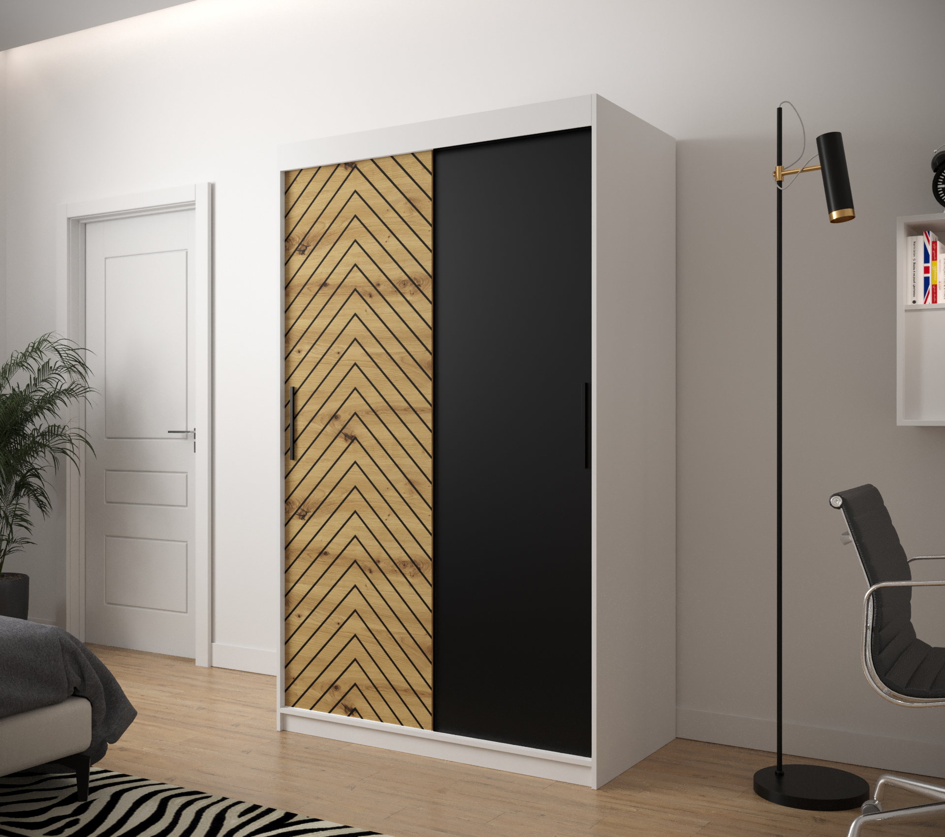 JODEŁKA_120 - przesuwna, dwudrzwiowa szafa garderobiana ze wzorem jodełki (200x120x62cm)
