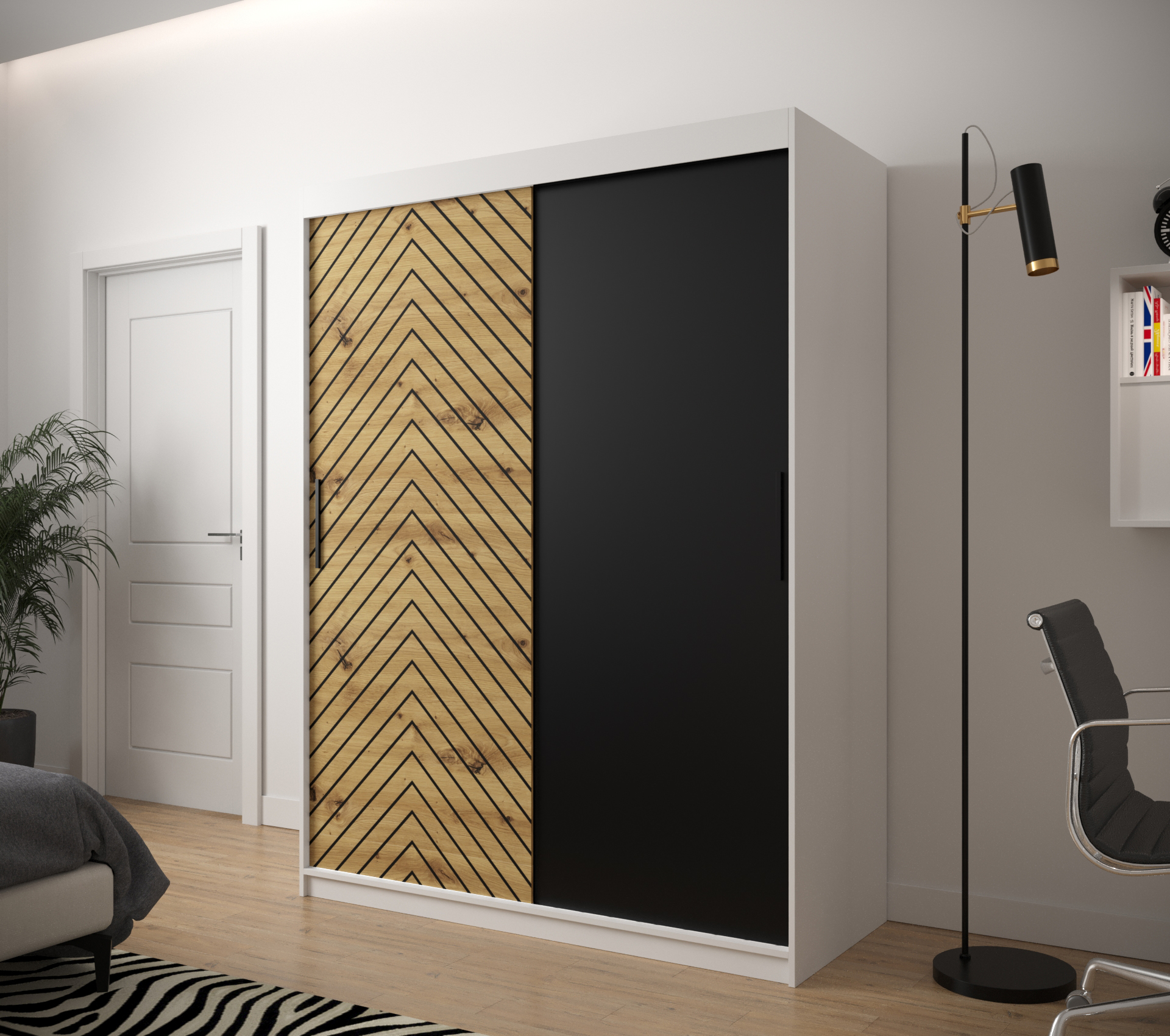 JODEŁKA_150 - przesuwna, dwudrzwiowa szafa garderobiana ze wzorem jodełki (200x150x62cm)