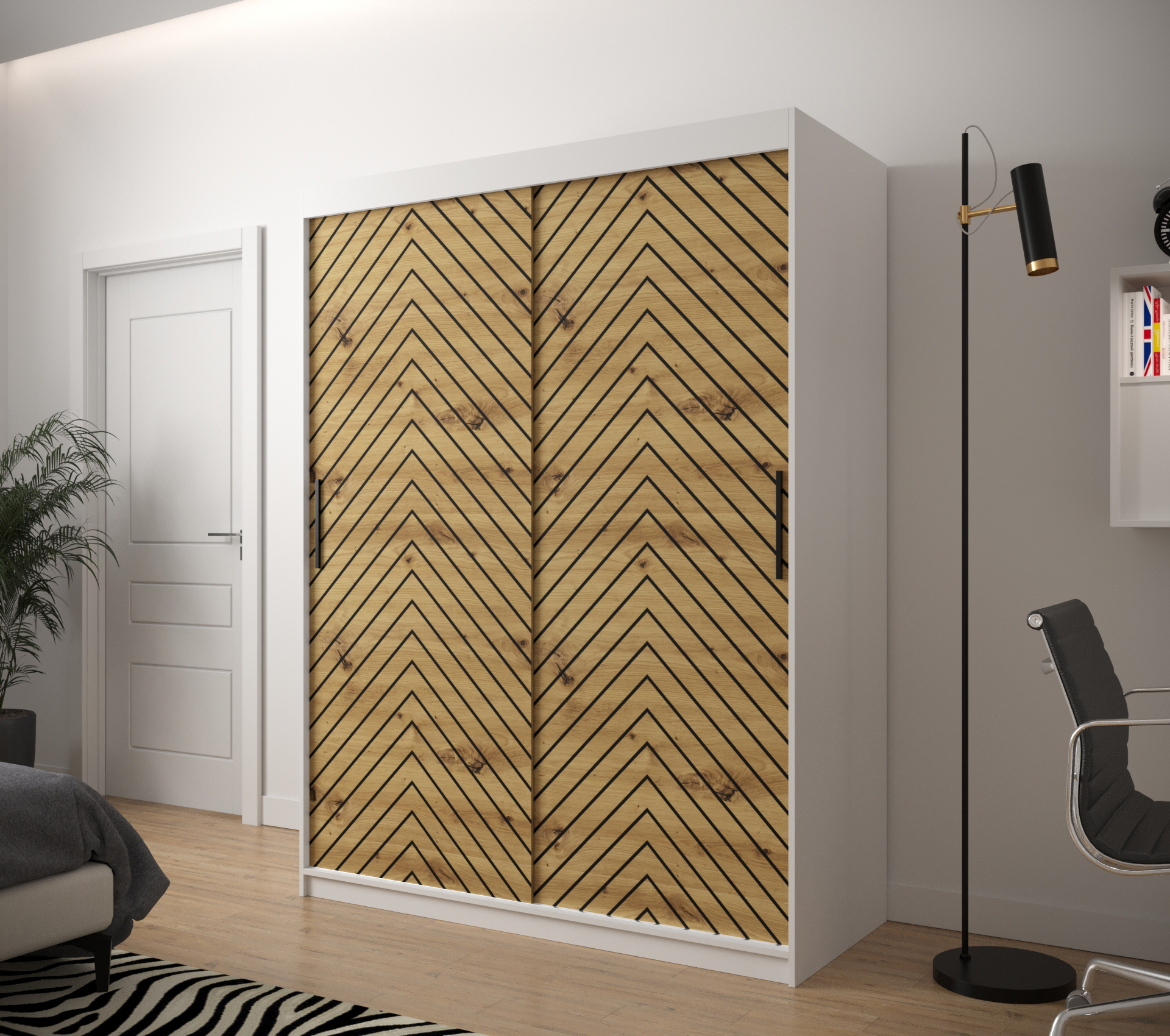 JODEŁKA_1_150 - przesuwna, dwudrzwiowa szafa garderobiana ze wzorem jodełki (200x150x62cm)