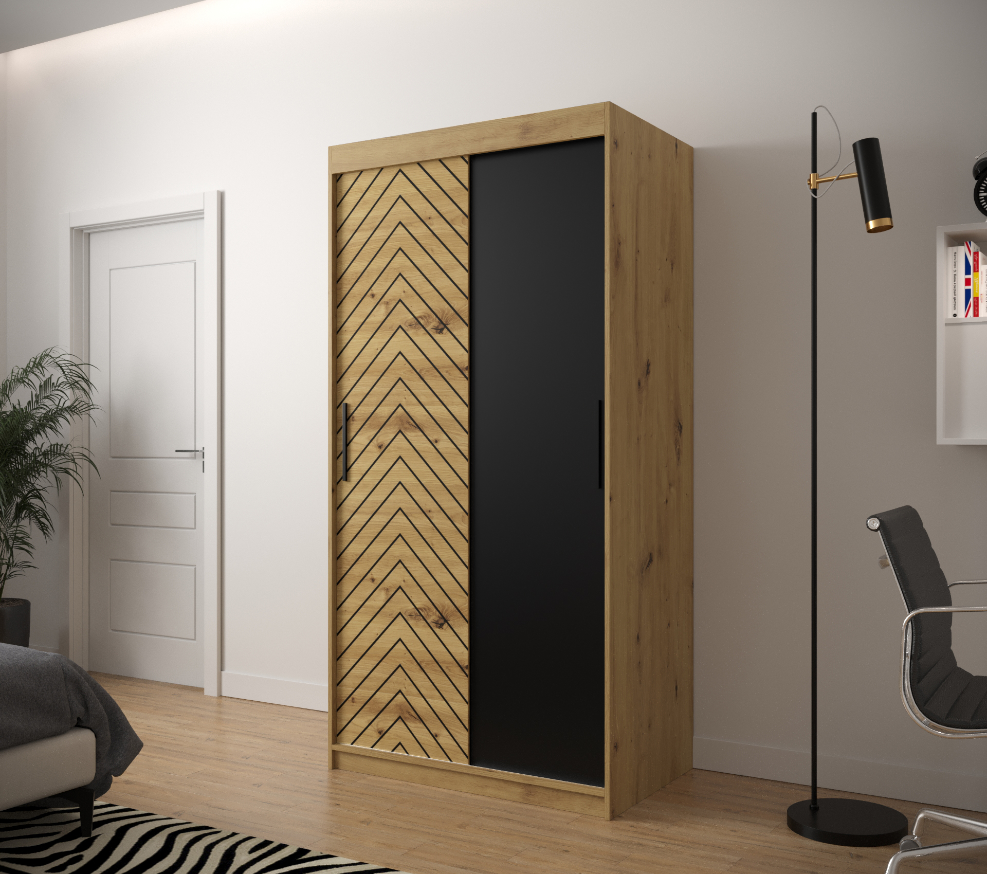 JODEŁKA_100 - przesuwna, dwudrzwiowa szafa garderobiana ze wzorem jodełki (200x100x62cm)