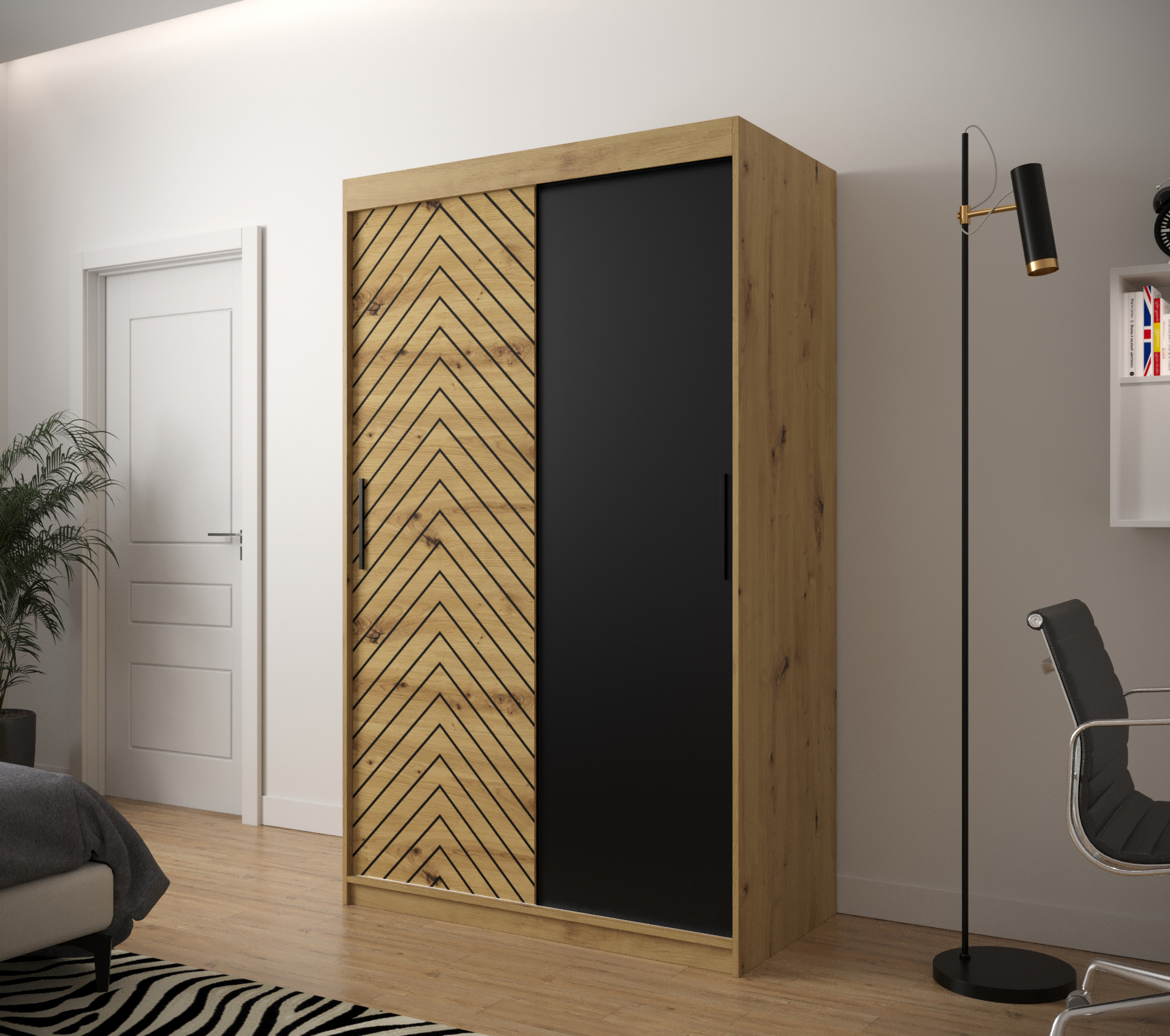 JODEŁKA_120 - przesuwna, dwudrzwiowa szafa garderobiana ze wzorem jodełki (200x120x62cm)
