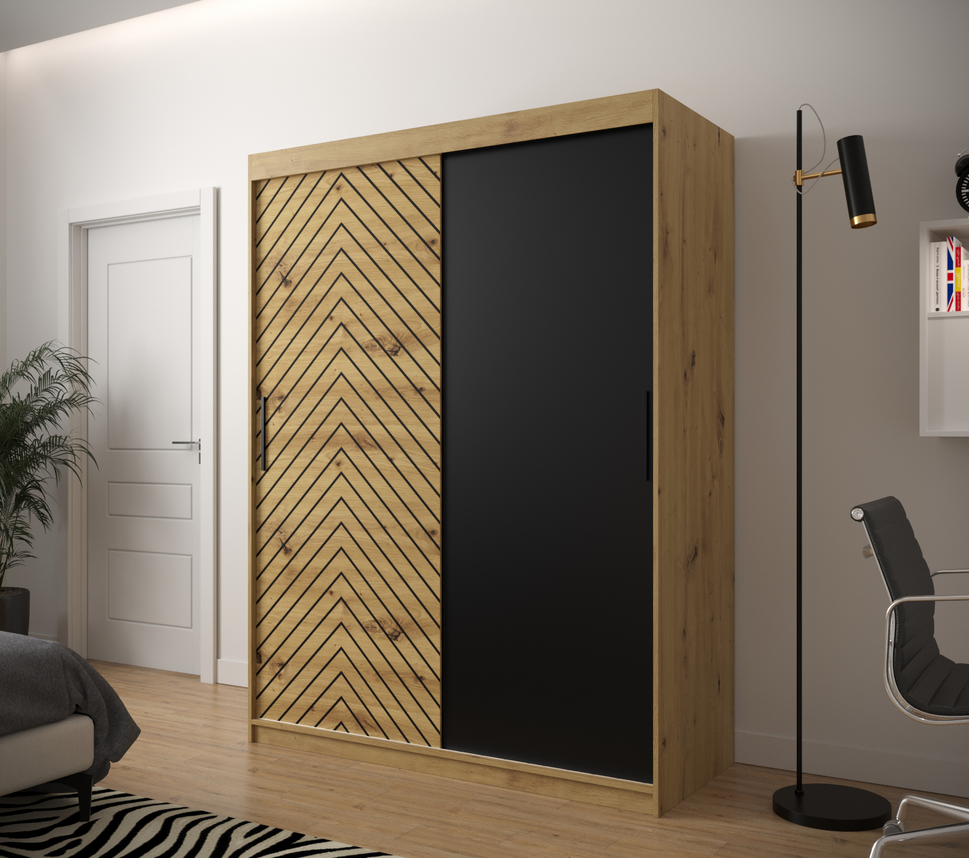 JODEŁKA_150 - przesuwna, dwudrzwiowa szafa garderobiana ze wzorem jodełki (200x150x62cm)
