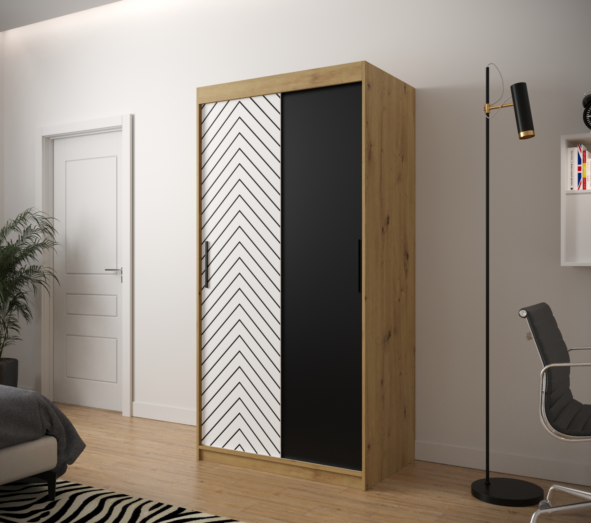 JODEŁKA_100 - przesuwna, dwudrzwiowa szafa garderobiana ze wzorem jodełki (200x100x62cm)