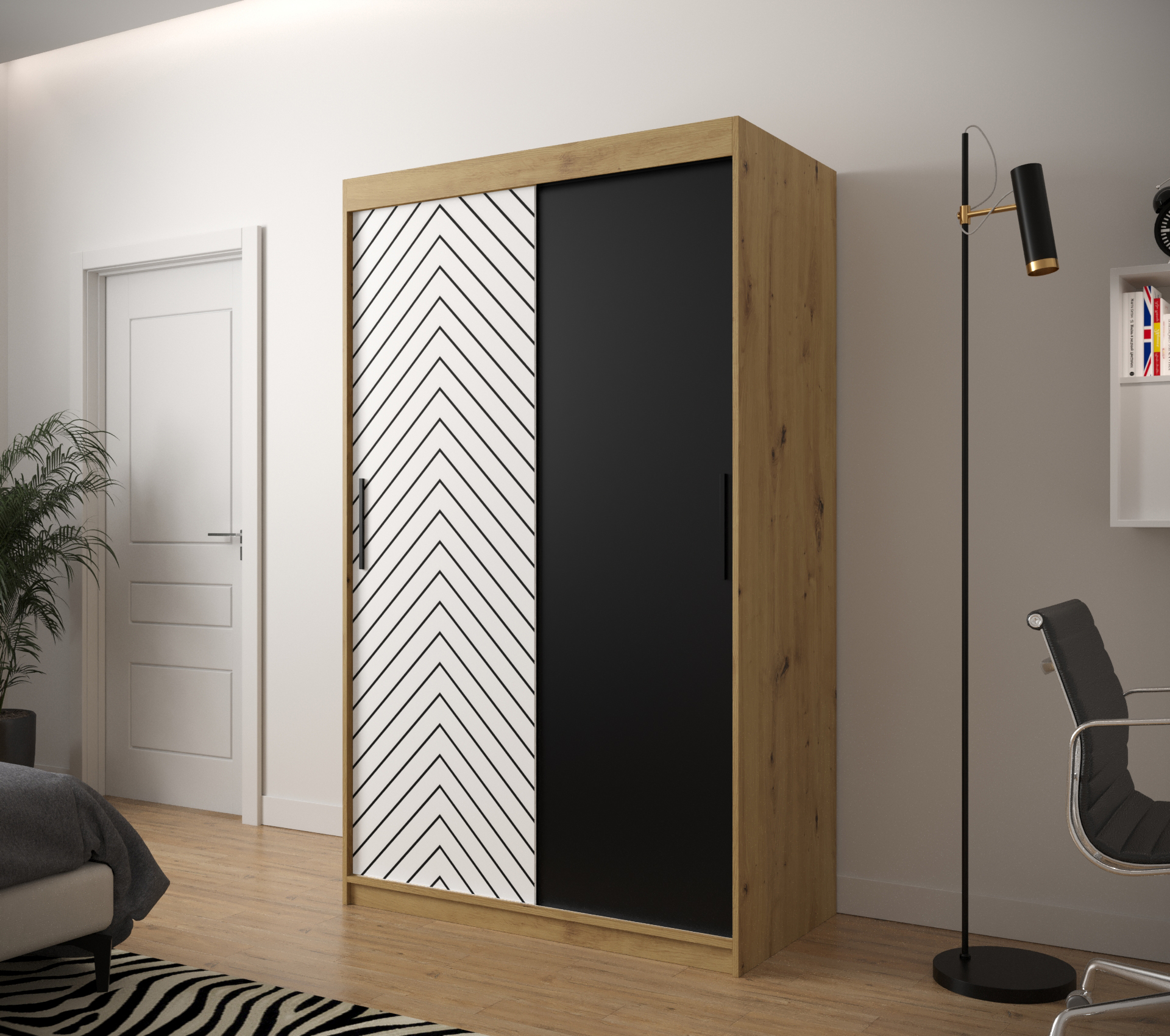 JODEŁKA_120 - przesuwna, dwudrzwiowa szafa garderobiana ze wzorem jodełki (200x120x62cm)
