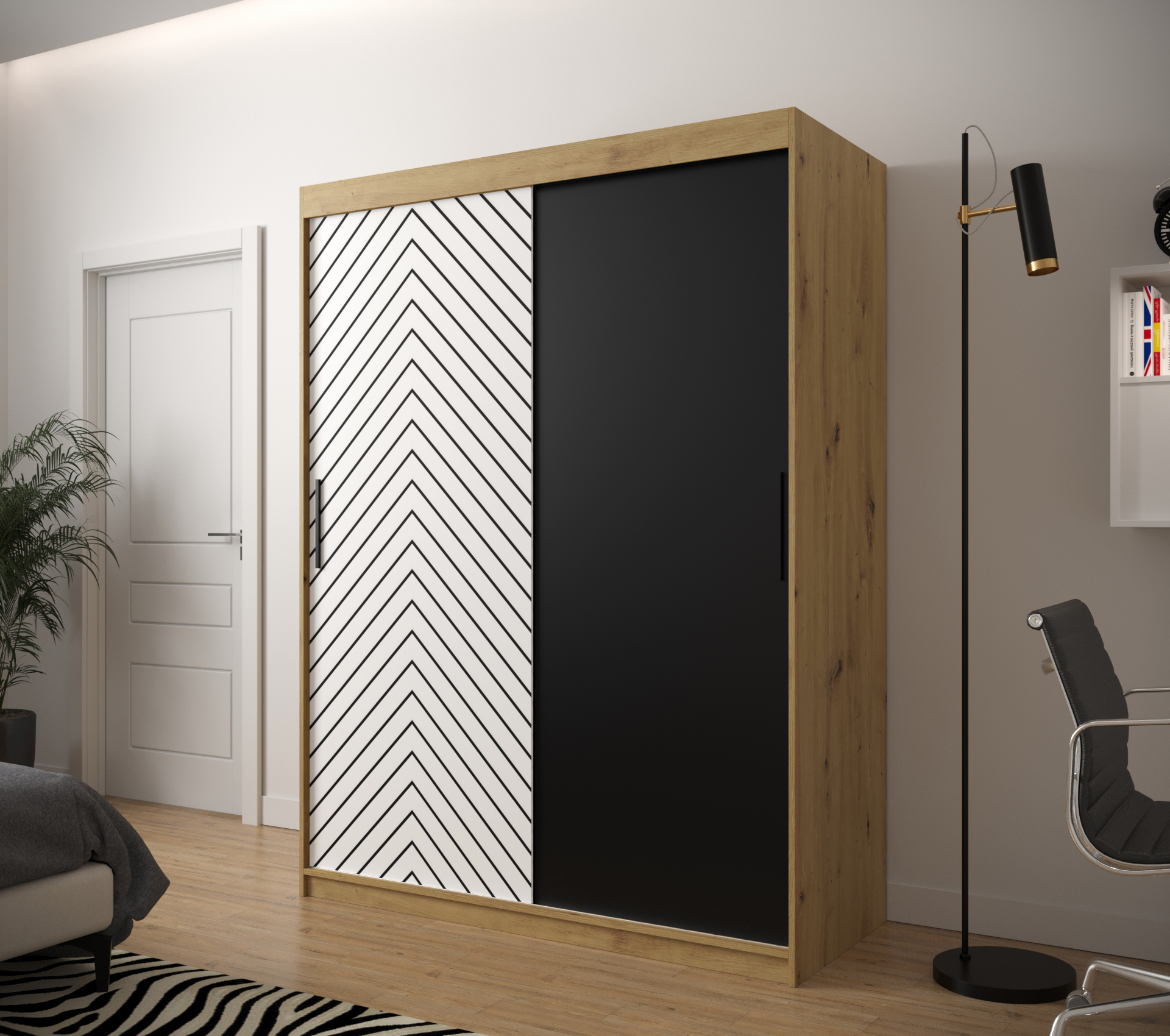 JODEŁKA_150 - przesuwna, dwudrzwiowa szafa garderobiana ze wzorem jodełki (200x150x62cm)