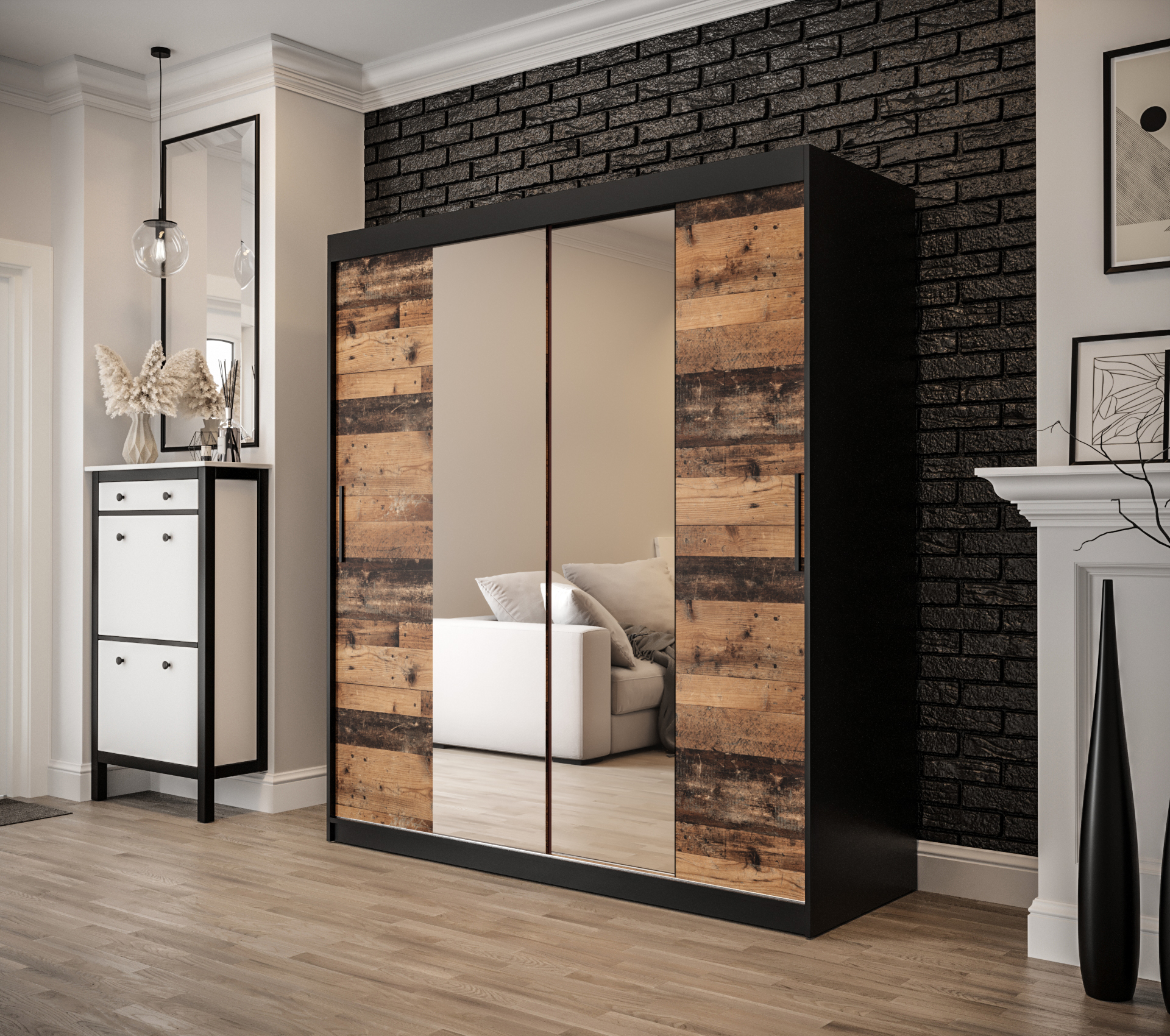 OLD_STYLE_T1_180 - dwudrzwiowa, przesuwna szafa garderobiana z lustrem (200x180x62cm)