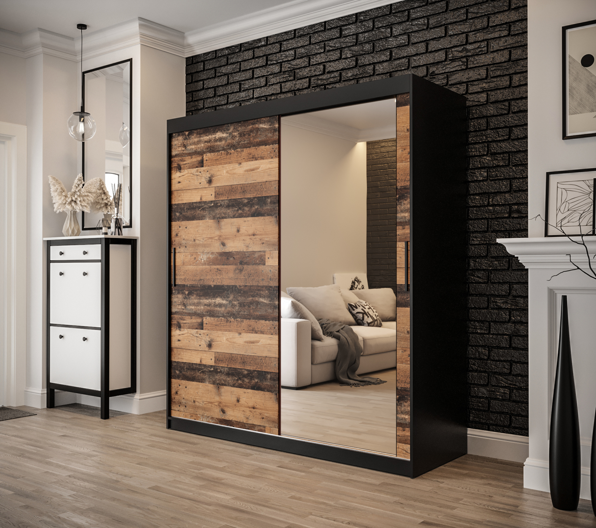 OLD_STYLE_T2_180 - dwudrzwiowa, przesuwna szafa garderobiana z lustrem (200x180x62cm)